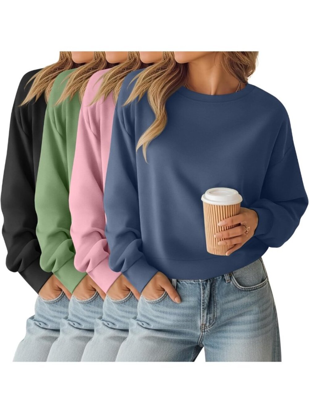 Cropped Long Sleeve Baggy Sweatshirts for Women - 4 Pack Cozy Casual Tops